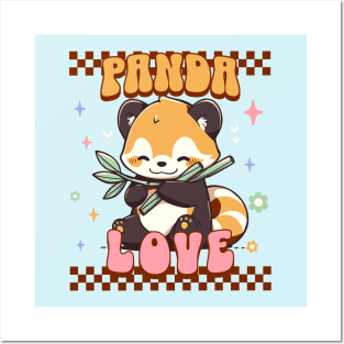 Cute Red Panda With Bamboo- Kawaii Panda Retro Style Posters and Art